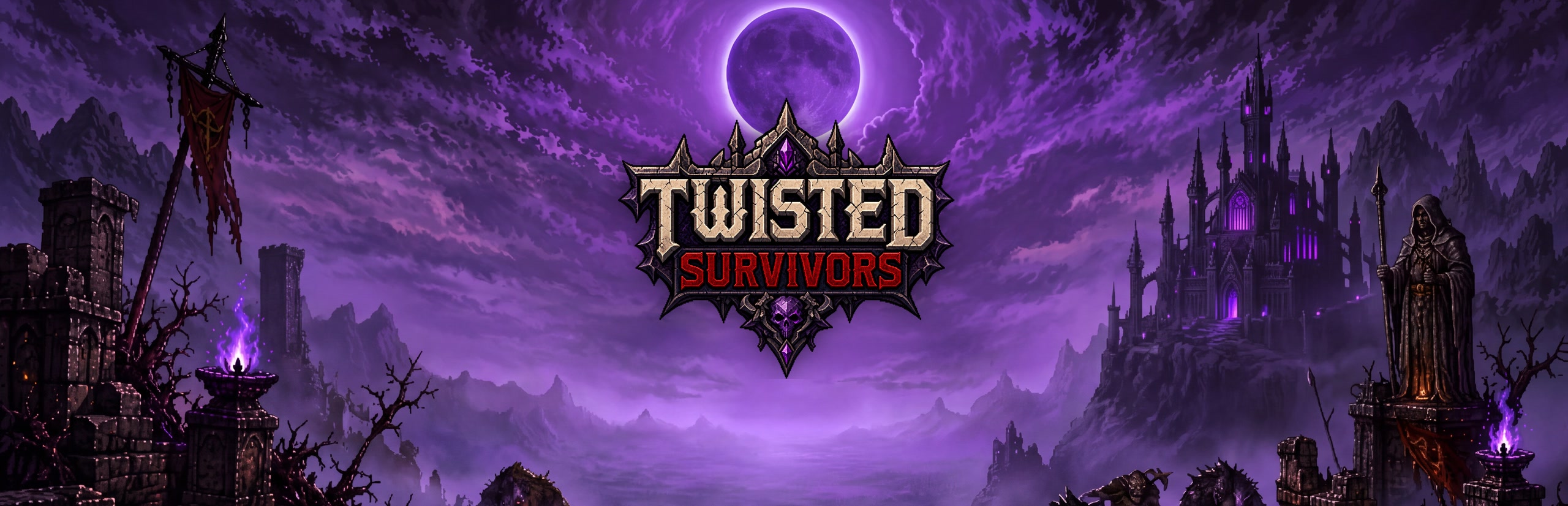 Twisted Survivors key art: the crest over a violet eclipse, a citadel and a ruined shrine